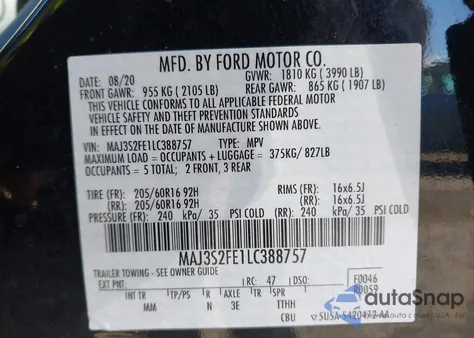 2020 Ford Ecosport S from USA, damaged, VIN MAJ3S2FE1LC388757